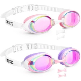 Water Space Swim Goggles Swimming Goggles for Kids Youth Junior Teens 6-14 8-12 4-7, Kids Goggles No Leak UV Protection Waterproof Mirrored Flat Lens Goggles with Nose Piece, Pool Water Clear Goggles