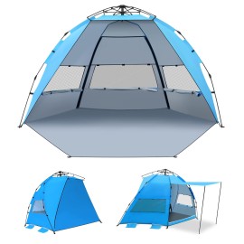 Campasist Beach Tent with Awning, Pop Up Beach Tent Sun Shelter for 4 Persons with UPF 50+ UV Protection & Removable Awning, Beach Shade Tent with 3 Mesh Windows, Sandbags, Stakes & Carry Bag - Blue
