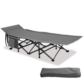HIGH POINT SPORTS Folding Camping Cot, Camping Folding Bed Support 600lbs Heavy Duty Camp Sleeping Cot, Portable Outdoor Bed with Carry Bag for Adults, Grey