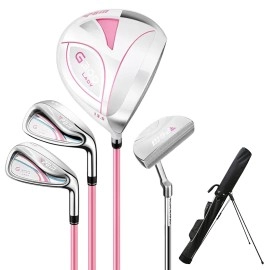PGM Womens 4-Piece Golf Club Set - Titanium 1 Titanium Wood(#1), 2 Irons(#7,SW), 1 Putter with Golf Stand Bag - Right Handed