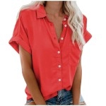 DAZLOR Short Sleeve Button Up Shirts for Women Loose V Neck Collared Casual Work Blouses Plain Basic Summer Beach Tops Pocket