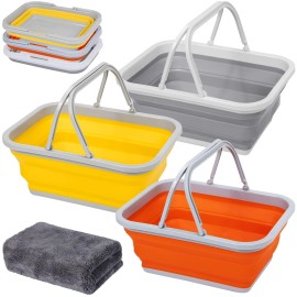 AUTODECO 3 Pack Collapsible Sink with Handle Towel, 2.37 Gal / 9L Foldable Wash Basin for Washing Dishes, Camping, Hiking and Home Orange&Yellow&Gray