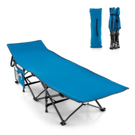 GYMAX Camping Cot, 600 LBS Heavy Duty Sleeping Cot w/Ergonomic Incline Design, 3-in-1 Pocket, Carry Bag, Folding Cot for Adults & Kids, Indoor Outdoor Cot Bed for Camp Travel Home Office Nap (Blue)