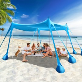 Rhino Valley Beach Tent Canopy Sun Shade, 10x10 FT Portable Family Beach Shade Canopy UPF50+ with 8 Sandbags 4 Aluminum Poles, Pop Up Canopy for Beach, Camping, Fishing, Backyard and Picnics, Sky Blue