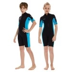 Hevto Kids Shorty Wetsuits Boys Girls 3/2mm Neoprene Wet Suit Front Zip Keep Warm for Surfing Swimming SUP (K02S-Blue, 5)