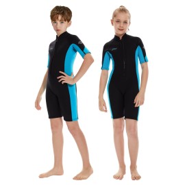 Hevto Kids Shorty Wetsuits Boys Girls 3/2mm Neoprene Wet Suit Front Zip Keep Warm for Surfing Swimming SUP (K02S-Blue, 5)