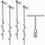 Hiboom 4 Pack Ground Anchor Screw Heavy Duty Earth Anchors Tent Stakes for High Wind with T Handle Hex Wrench Trampoline Hook Ground Stakes for Camping Canopies Car Ports Sheds(Silver, 12 Inch)
