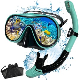 Snorkel Set,VVG Snorkel Dry Top Snorkeling Gear for Adults, Panoramic Anti-Leak and Anti-Fog Tempered Glass Lens, Adults Adjustable Snorkeling Set, Scuba Diving Swimming Training Snorkel Kit-Blue