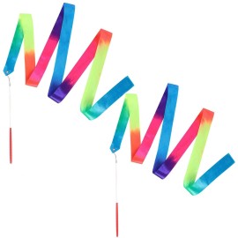Finduat 2 Pcs Rainbow Dance Ribbon Wand for Kids Artistic Dancing Training Birthday Party Favors, 78.7inch Rhythmic Gymnastics Ribbon Streamer Ladderproof Soft Ribbon Baton Twirling with Stick