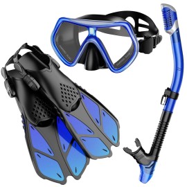 CKE Snorkel Set with Fin for Kids Adults Teens Snorkeling Diving Scuba Package Set with Panoramic Snorkel Mask Dry Top Snorkel Adjustable Fins Silicon Mouth Piece for Men Women
