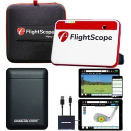 FlightScope Mevo+ 2023 Edition Golf Launch Monitor Simulator with Pro Package + Face Impact Software and Signature Power Bundle 60 Complete Golf Data Parameters, 10 Courses and 17 Practice Ranges