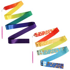 SAVITA 2pcs Dance Ribbon, Love Heart Patterns & Gradient Dance Ribbon Gymnastics Dance Ribbon Streamer with Stick 78.7in Long Rhythmic Gymnastics Ribbons for Kids Dancer