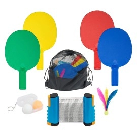 Plastic Portable Ping Pong Paddles Set of 4 Table Tennis Paddles with Retractable Ping Pong Net - 2 Ping Pong Balls with 1 Birdie. Perfect for Office, Lawn, and Beach Games for Adults and Families.