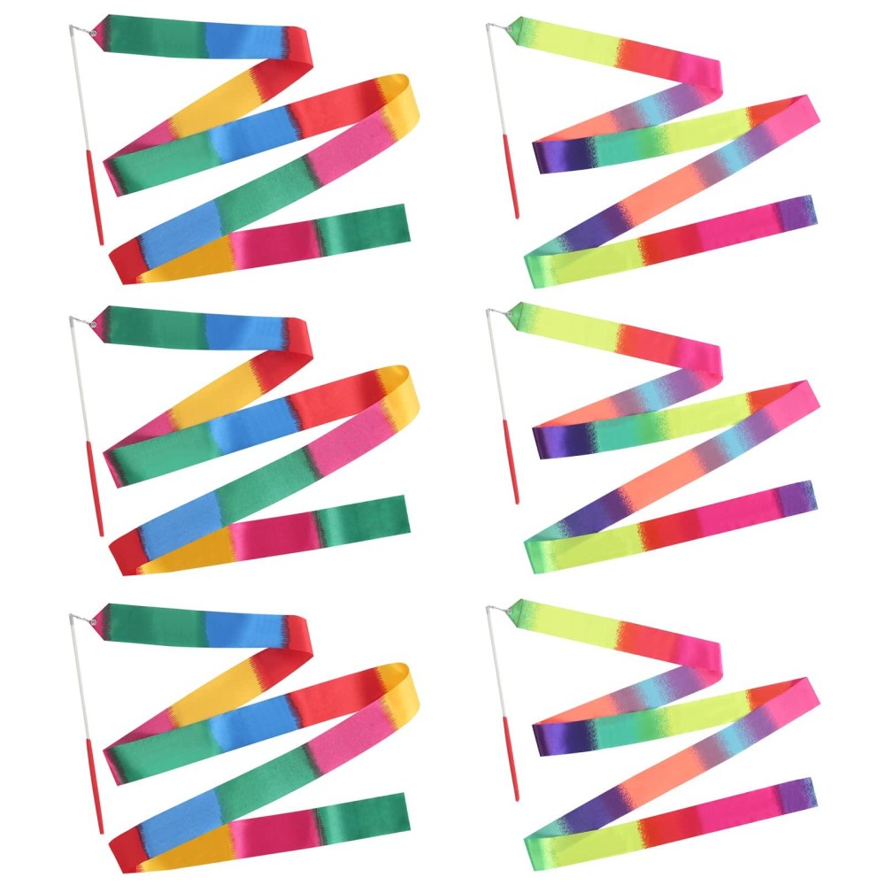 Vefungyan Gymnastics Rainbow Dance Ribbon Wand: 6pcs Rhythmic Gymnastics Streamer Ladderproof Soft Ribbon Baton Twirling with Stick for Kids Artistic Dancing Training