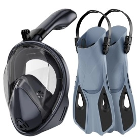 Snorkeling Gear for Adults with Fins, Histely Full Face Snorkle Mask and Fin Set, 180? Panoramic View Anti-Fog Anti-Leak Snorkeling Mask with Camera Mount, Adjustable Swim Fins (L/XL mask+L/XL fins)