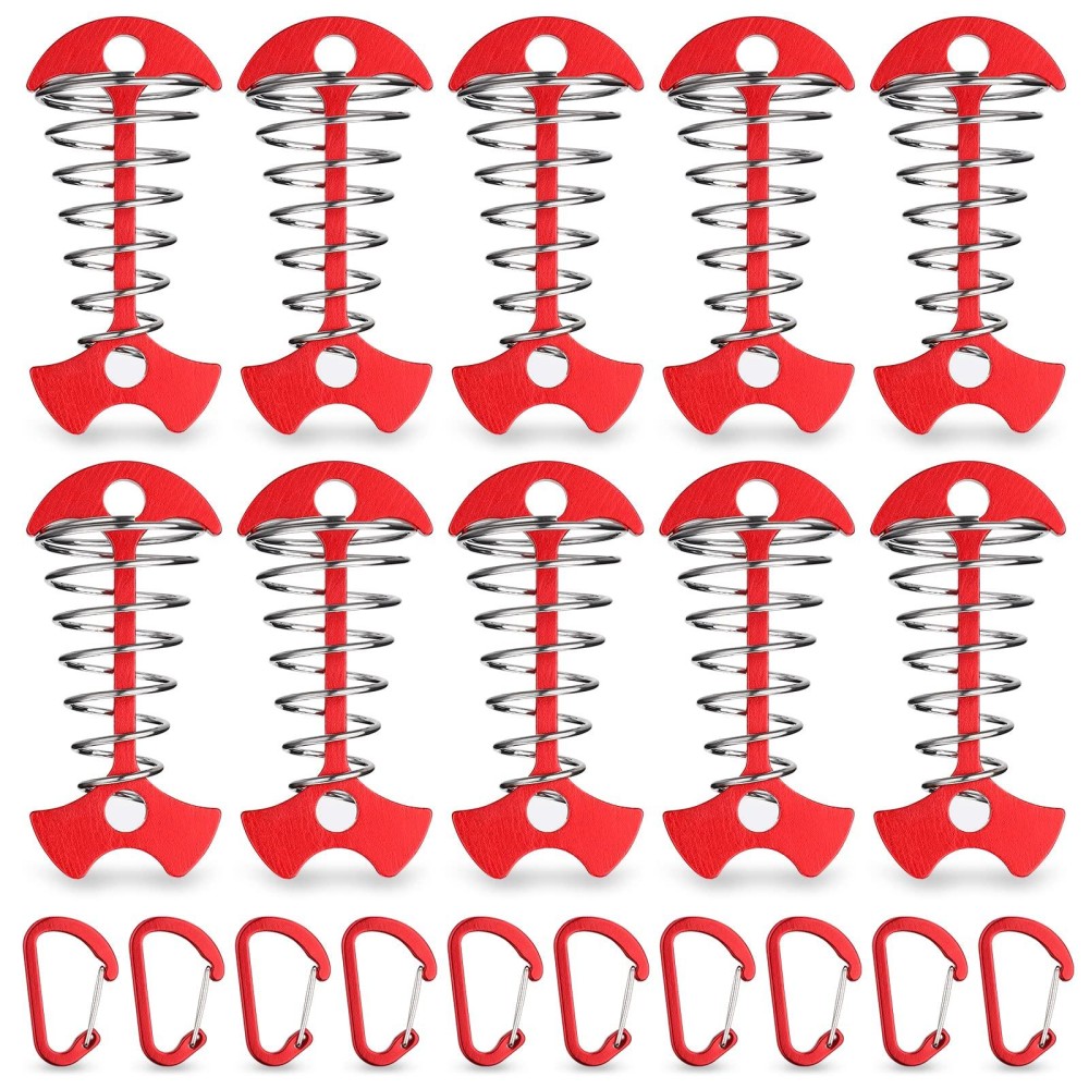 TOBWOLF 10PCS Red Deck Anchor Pegs with Carabiners, Windproof Aluminum Deck Tie Down Spring Tent Stakes, Camping Outdoor Fishbone Tent Anchors Tent Rope Tensioner Guyline Cord Adjuster Tent Pegs
