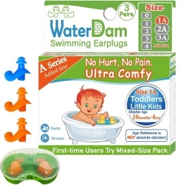 WaterDam A-Series Swimming Ear Plugs Ultra Comfy Great Waterproof Earplugs (Size 1A, Size 1A+1A+1A: Toddlers & Small Ear Kids (Blue Orange Orange))