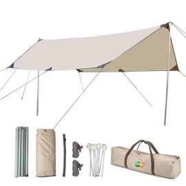 YUEWO 15?10FT Camping Tarp with 2 * 7FT Poles, Waterproof & Lightweight Tent Tarp, Rain Fly Sun Shelter, 210D Oxford UPF50+ Shelter Can Used with Car,Tent & Hammock for Picnic, Garden & Outdoor