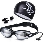 4 in 1 Swimming Kit Goggles - Cap - Earplugs - Nose clip Comfortable Adjustable Anti Fog UV Protected lenses For Adults or Kids Men or Women No Leaking Swim Pool Sea Gift Pack Black