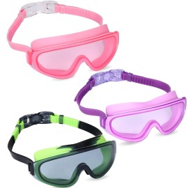 Theuzi 3 Pack Kids Swim Goggles, Swimming Glasses with One-Piece Wide Vision Lens from 3 to 15 Years Old