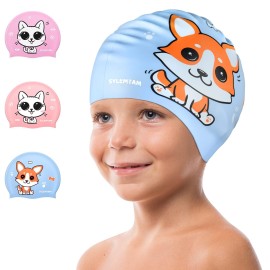 SYLEMTAM Kids Swim Cap for Age 6-12, Silicone Swimming Cap for Kids Waterproof Kids Swim Caps for Long Hairs Girls Boys, Comfy Kids Bathing Cap Swimming Hat to Keep Hairs Dry