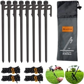 Metal Tent Stakes Heavy Duty 12 Inch 8 Pack with Camp Rope Guy Lines, Metal Stake for Ground, Canopy, Tarps, Sand Anchors for Camping, Picnics, or Yards, Reinforced Nail Heads Camping Accessories and