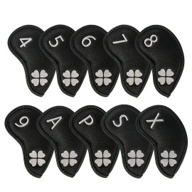 10pcs Golf Iron Covers 4 Leaf Clover Golf Iron Head Covers Synthetic Leather Golf Iron Covers Set Iron Headcovers Golf Club Head Covers for Iron Wedges fits for All Brand (Silver Clover-Black Base)