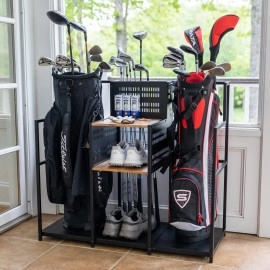Teal Triangle Freestanding Golf Club Organizer, Stylish Heavy Duty Garage Storage Floor Stand, Holds 2 Golf Bags Shoes Clubs Balls and More