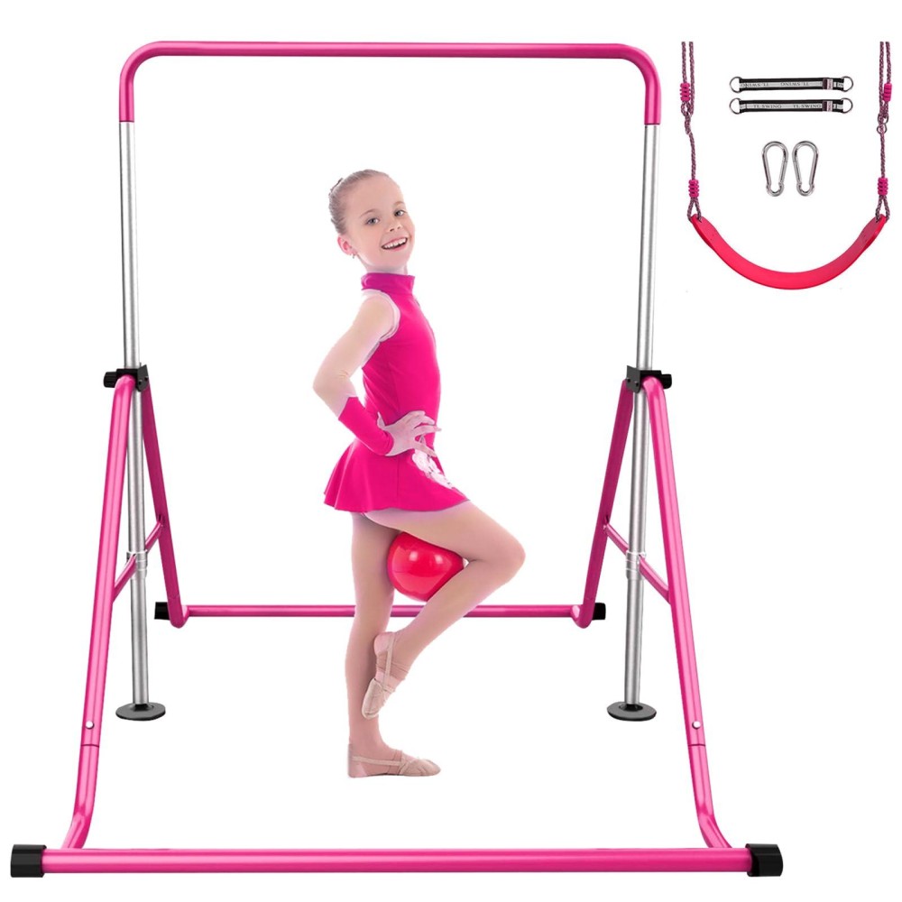 Rokiny Expandable Gymnastics Bar,Adjustable Height Gymnastics Bars for Home Kids Junior Training Bar Gymnastic Folding Horizontal Monkey Bars with Swing (Pink with Swing)