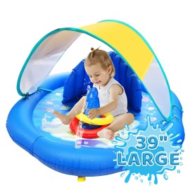 Baby Splash Pad, Infant Pool, Baby Inflatable Swimming Pool with Canopy for 3-6-12 Months, Outdoor Water Play Mat for Babies, Summer Beach Toys, Small Blow Up Pools with Backrest for Outside, Backyard