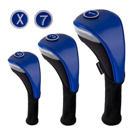 Andux 3pcs/Set PU Golf Wood Club Head Covers 460cc Driver Covers with Long Neck Blue