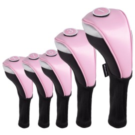 Andux 5pcs/Set PU Golf Wood Club Head Covers 460cc Driver Covers with Long Neck Pink