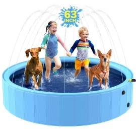 Bilibara 63'' Foldable Dog Pool, Sprinkler Pool for Kids, Non-Slip Dog Swimming Pool for Kids, Heavy Duty Splash Pad Pools for Large Dogs, Hard Plastic Kiddie Pool for Backyard
