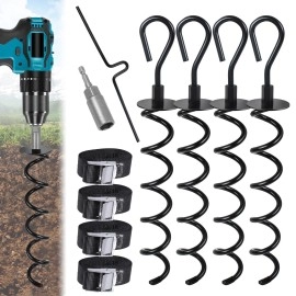 DTNESS 10Pcs 16 Heavy Duty Trampoline Ground Anchors Pegs Tie Down Kit, Steel Spiral Ground Anchors with 4 Straps, Drill Bit Adapter and Puller Tool, Metal Swing Anchor for Garden Shed, Tent