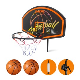Jumpfly Trampoline Basketball Hoop, Basketball Hoop for Trampoline Fits for Straight Pole & Curved Pole, Trampoline Basketball Hoop Attachment with 2 Mini Basketballs & Pump