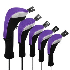 Andux 5pcs/Set Golf 460cc Driver Wood Club Head Covers Long Neck with Interchangeable No. Tags Purple