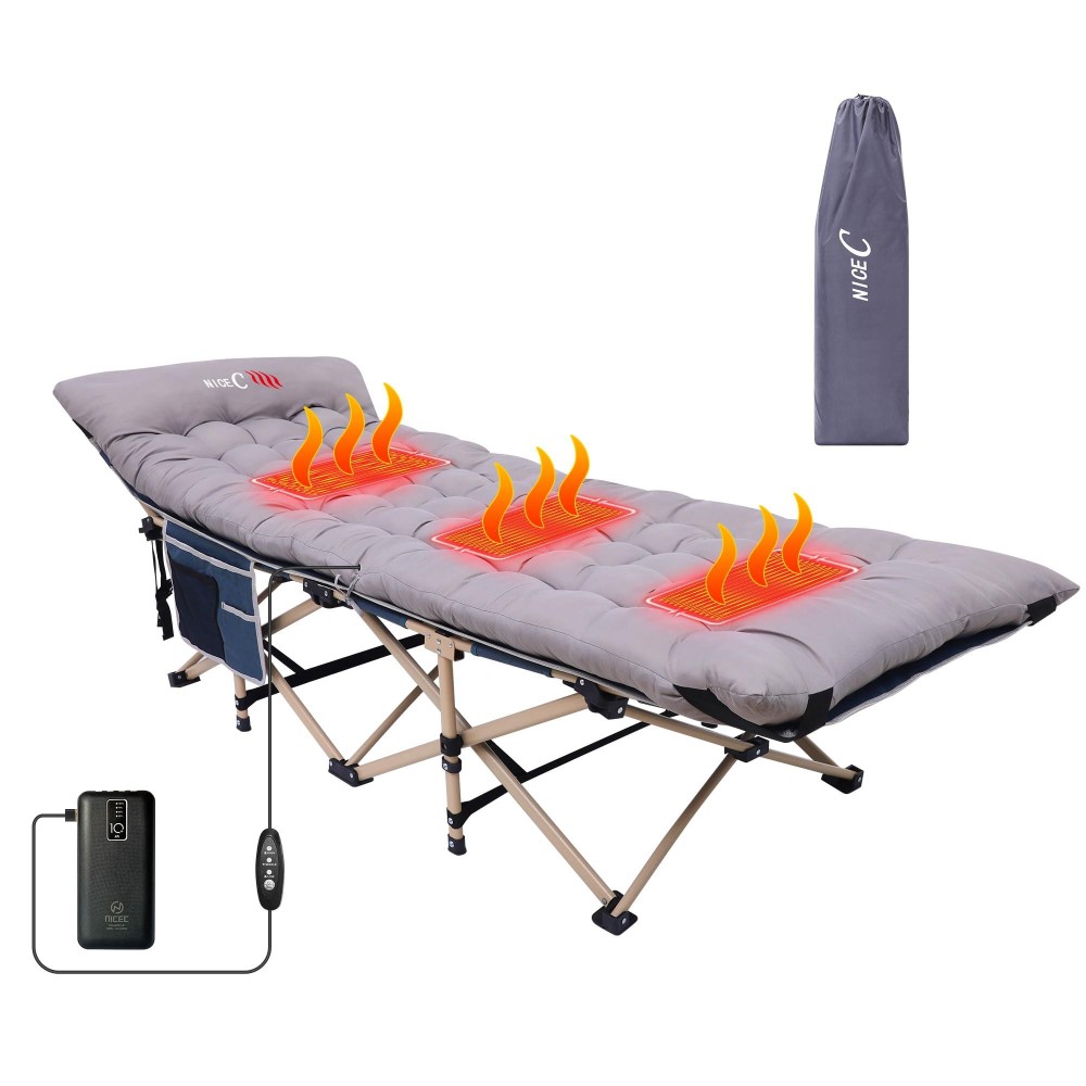 Nice C Camping Cot, Heated Cots for Camping, Cots for Adults, Cot Bed, Folding Cot, Heated Mattress, Carry Bag & Storage Pocket, Heavy Duty Holds Up to 500 Lbs, Power Bank Included (One Grey)