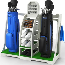 Apex Sports Golf Bag Organizer - Handcrafted Wood Design, Golf Bag Stand, Ball Display, Golf Storage Shelves, Golf Garage Rack (White)