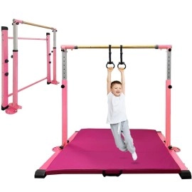 Peakpath Updated Expandable Gymnastics Kip Bar with High Density 47?47Gym Mat, Fiberglass Rail,Adjustable Height 3-4.8 Junior Training Bar,Home Gym Equipment,1-4 Levels,300lbs Weight Capacity