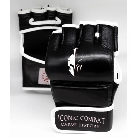 MMA Grappling Gloves - Iconic Combat - Ghost Series - Genuine Leather (Black, Medium)