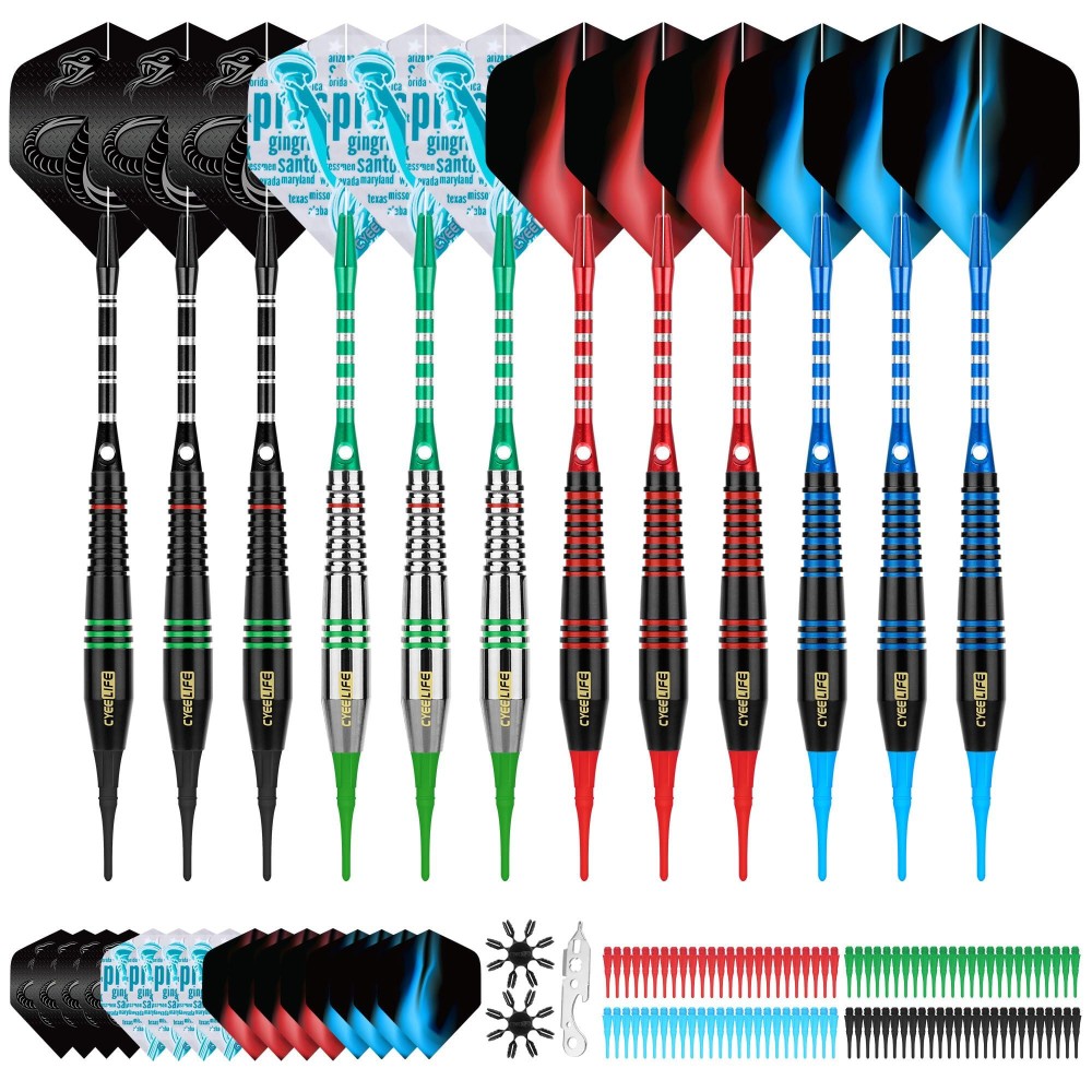 CyeeLife Darts Plastic Tip - Soft Tip Darts Set - 12 Pcs 18 Gram with 4 Colors Premium Aluminum Shafts, 100 Extra Dart Tips 16pcs Flights and 2pcs Flight Protectors for Electronic Dart Board