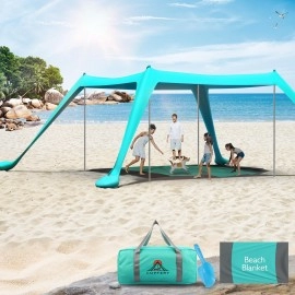 COPFERY Beach Tent Sun Shelter for Family 10x10 FT UPF50+ Beach Canopy with Mat, Sand Shovel, Ground Pegs and Stability 4 Aluminum Poles, Portable Outdoor Shade for Beach, Camping, Backyard or Picnics