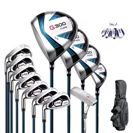 PGM Men's Left Handed Complete Golf Club Sets - 12 Pieces - 3 Wood (#1,3,5), 1 Hybrid (#4H), 6 Irons(#5,6,7,8,9,PW), 1 Sand Wedge (55), 1 Putter - Golf Stand Bag - Titanium Club Head, Graptlite Shaft