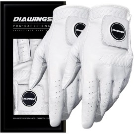 Diawings Cabretta Leather Golf Gloves for Men 2 Pack - Professional Mens Golf Glove with Superior Durability, Breathability, Streamlined Fit, Enhanced Tactile Feedback (White, Medium, Left)