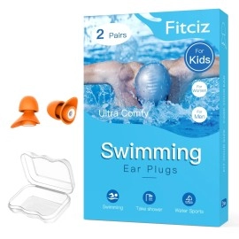 Fitciz Ear Plugs for Swimming Kids, 2 Pairs Water Swim Ear Plugs with Delicate Case for Children, Comfortable Waterproof Swimming Earplugs for Kids, Age 6-7,8-10,11-14, Swimmers