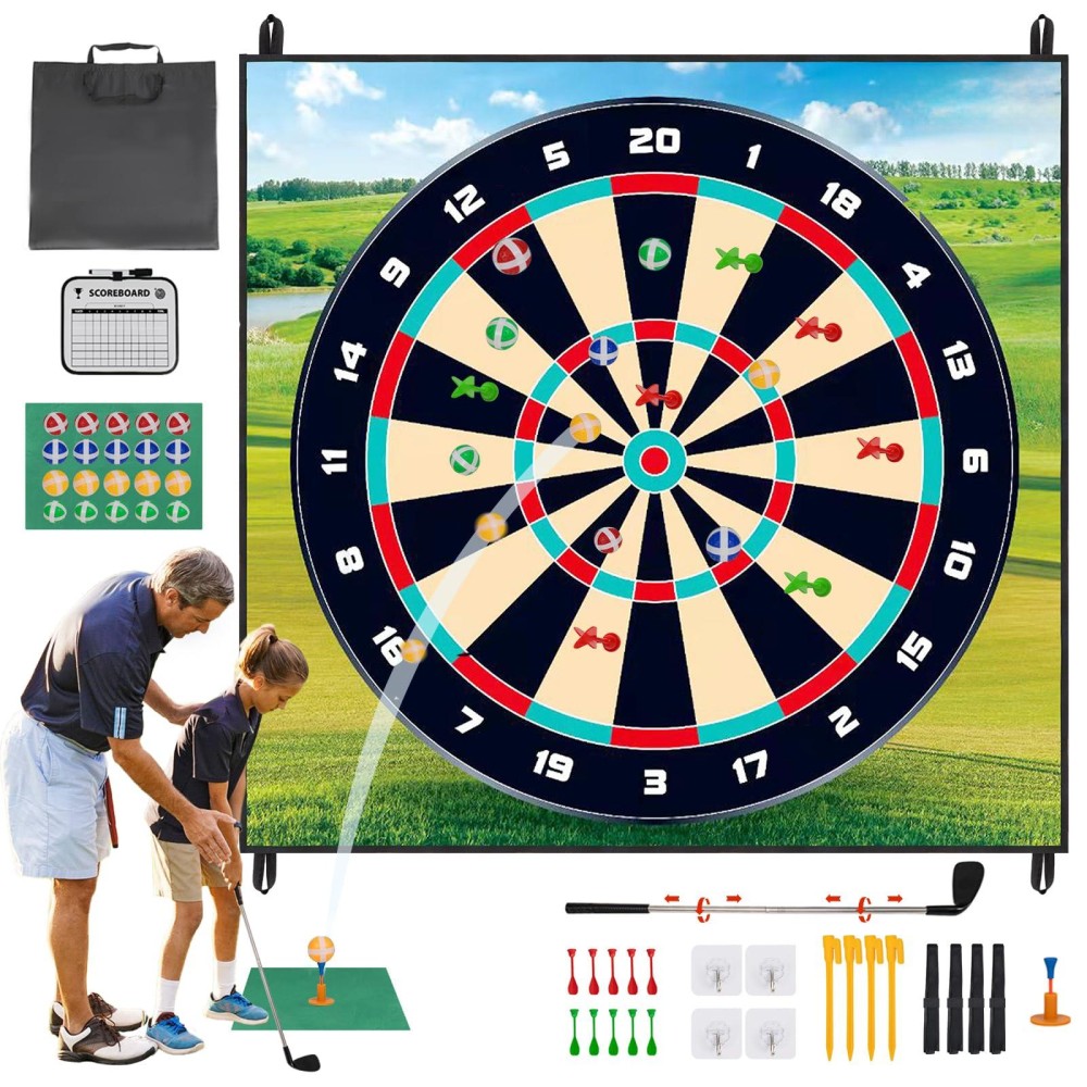 FINCOME Golf Chipping Game Mat Set,Dart Practice Hitting Mats Golf Game for Adults Indoor Outdoor,Backyard Play Equipment Stick Chip Game Golf Set with Sticky Balls and Darts