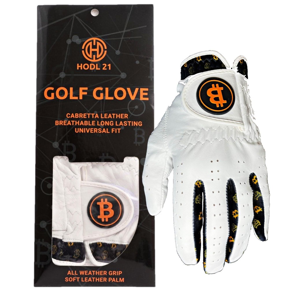 HODL 21 Bitcoin Golf Glove - Cabretta Leather for Superior Grip, Universal Fit for Men and Women, All Weather Grip Plus Soft Leather Palm, Left Hand Golf Gloves, Golf Accessories, Golf Glove (Small)
