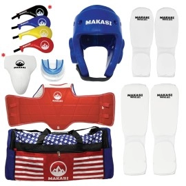 Martial Arts Taekwondo Sparring Gear Equipment Set Headgear Cloth Shin Instep Arm Chest Mouthguard Bag (Blue)