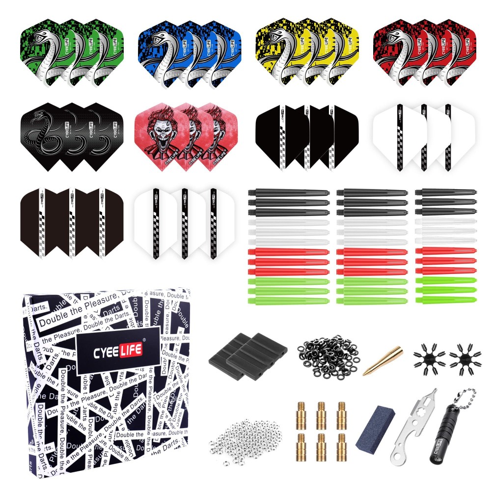 CyeeLife 180 Piece Darts Custom Fit Pack Set, Includes Flights, Shafts, Rubber O-Rings, Flight Protecter and Accessories