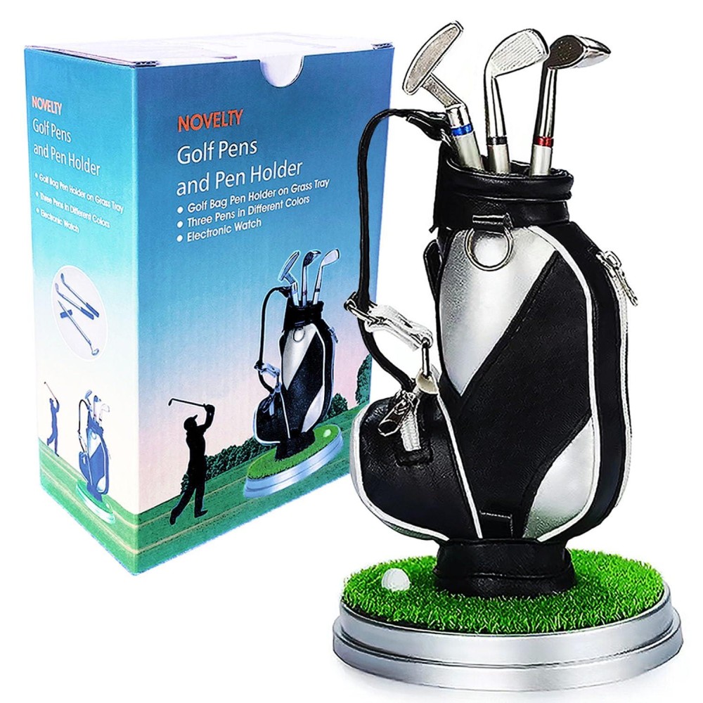 Golf Pen Holder Gifts for Men Women, Unique Birthday for Dad Boyfriend Boss Coworkers Golfers, Cool Office Gadgets Desk Decor, Mini Golf Pen Cup Holder with 3 Golf Clubs Pens Fun Stocking Stuffers